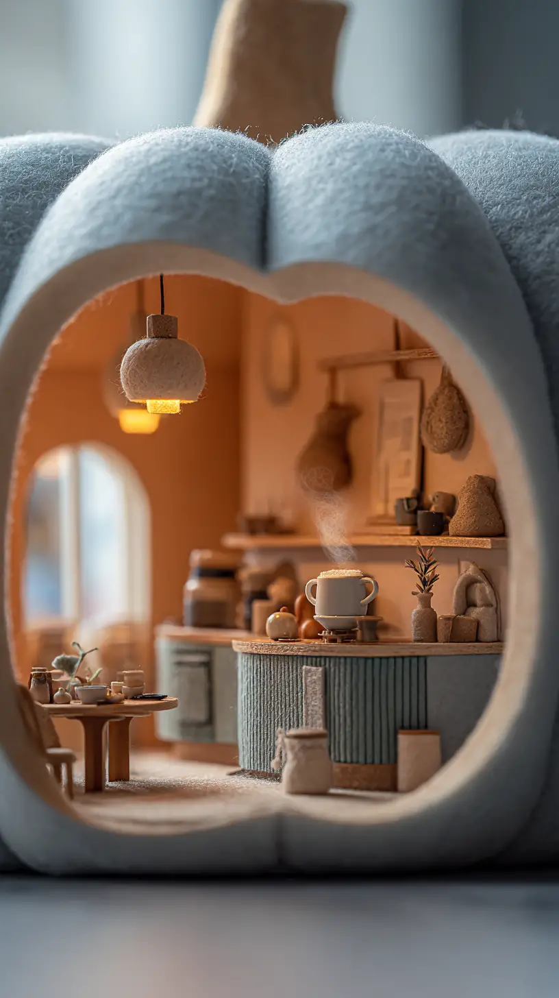 Miniature cafe inside a pale pumpkin with cozy warm light