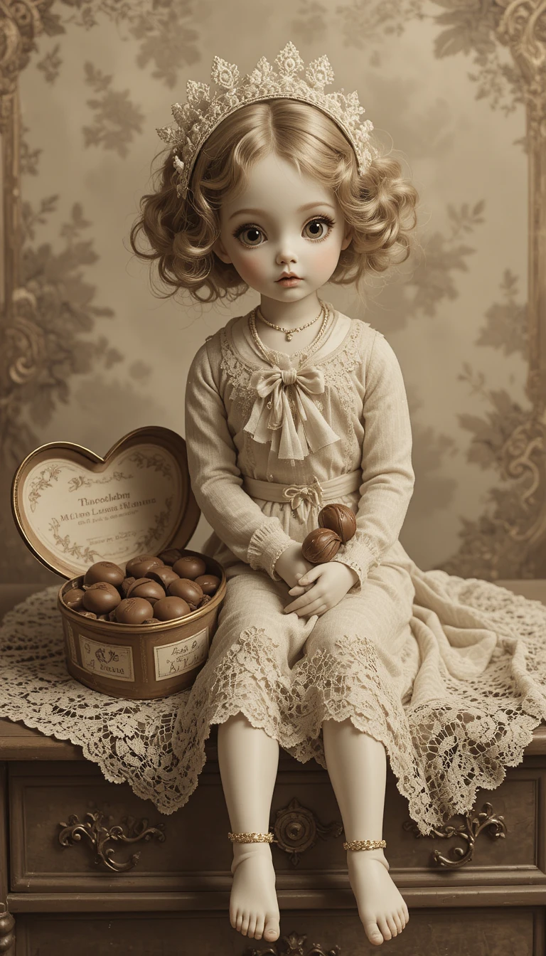 Sepia doll with chocolates on ornate lace covered dresser
