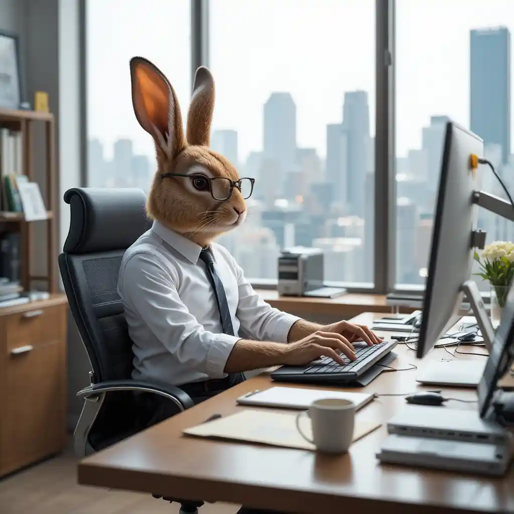 Anthropomorphic office rabbit typing at a city view desk