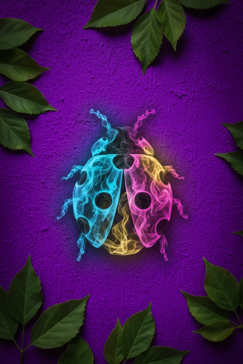 Colorful smoke ladybug on bright purple textured background