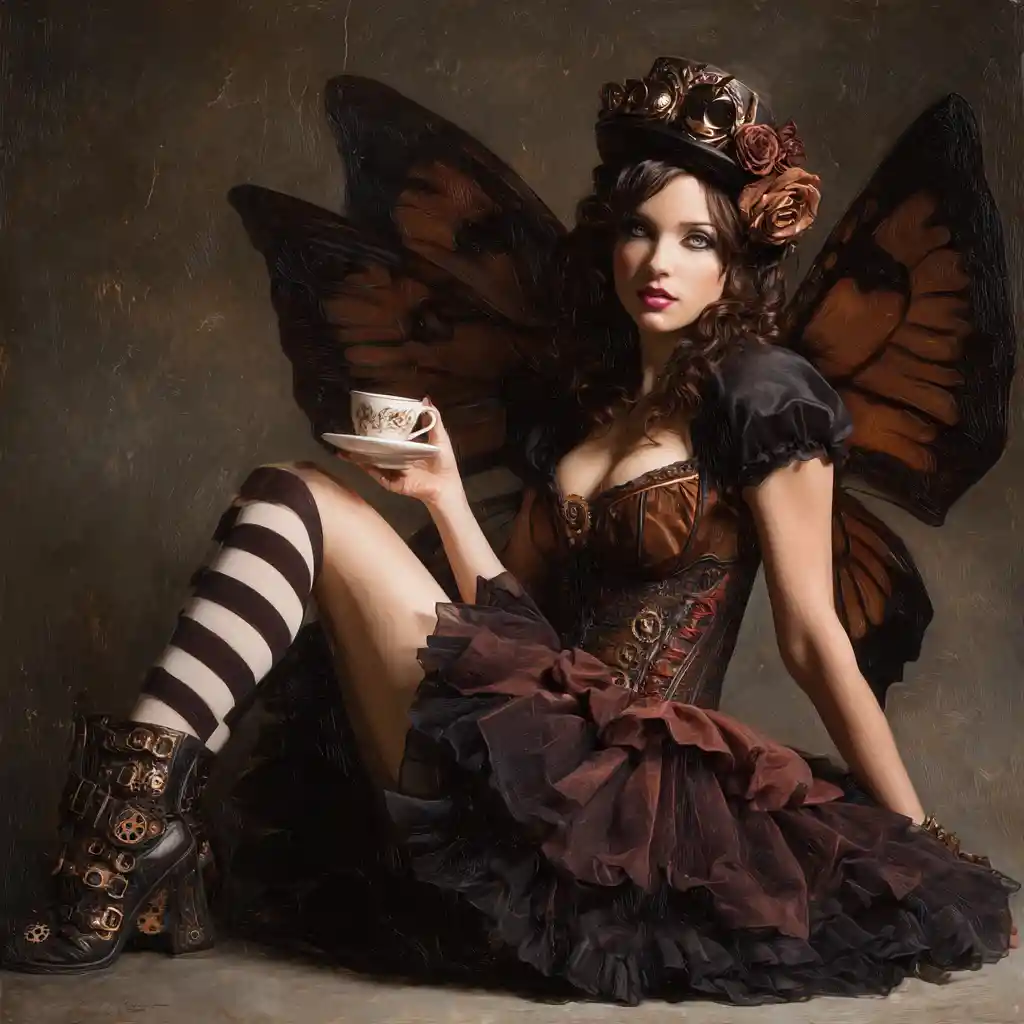 Steampunk fae woman reclining in ornate brass chamber