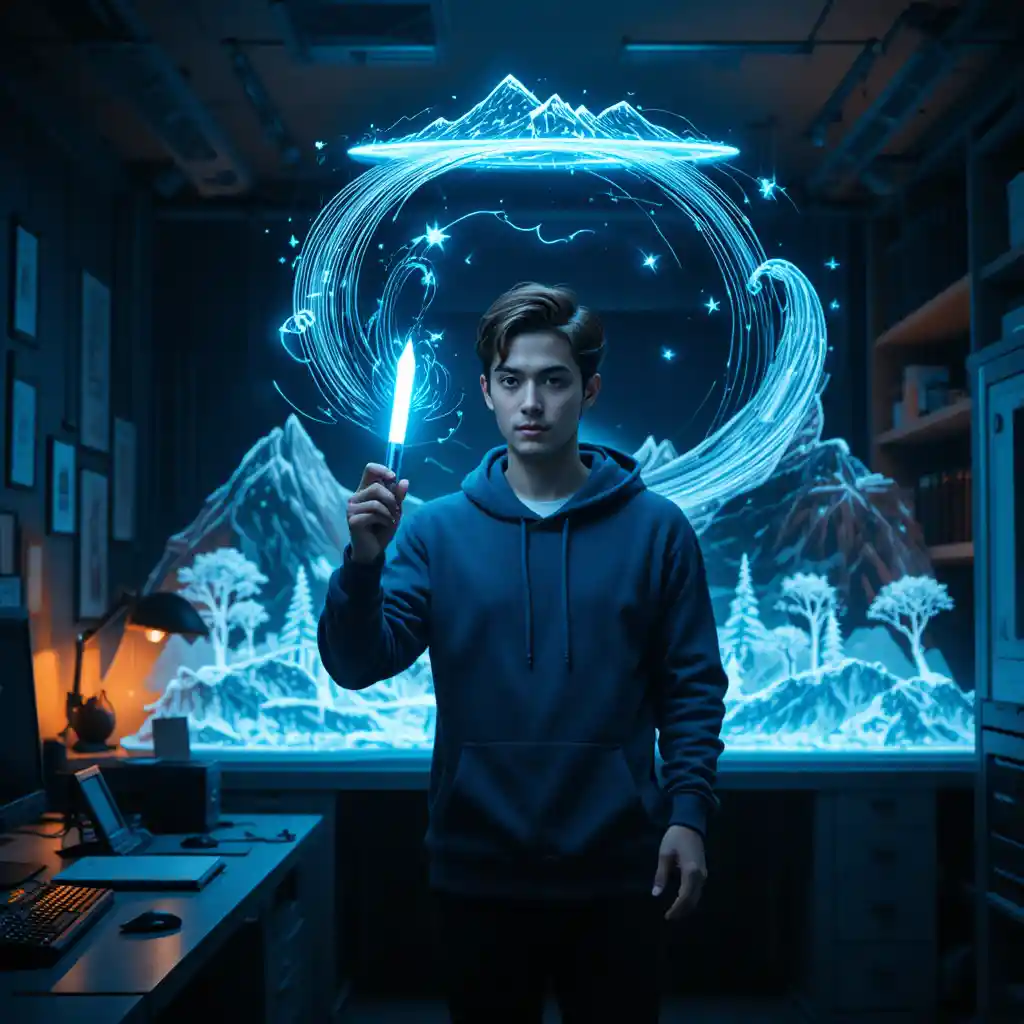 Giovane che disegna un paesaggio luminoso in laboratorio