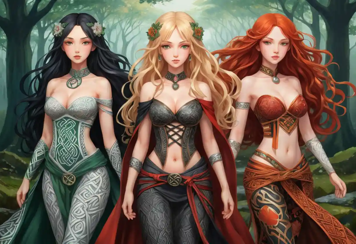 Three anime women in a surreal Celtic fantasy scene