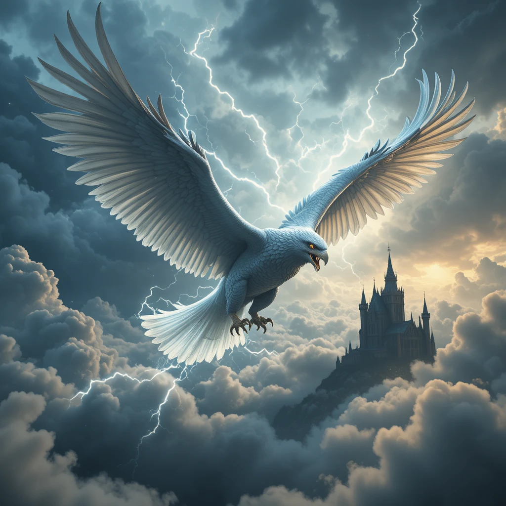 Riesiger weißer Adler von donnerndem Flugbiest über den Wolken gejagt