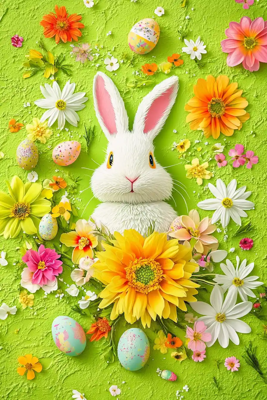 Cheerful Easter rabbit with spring flowers on green background