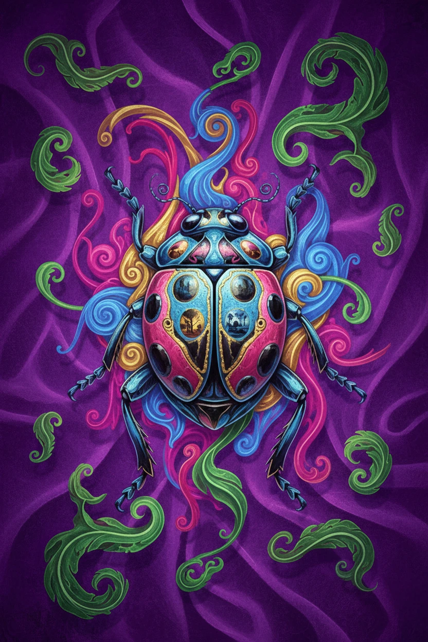 Colorful ladybug on bright purple textured abstract background