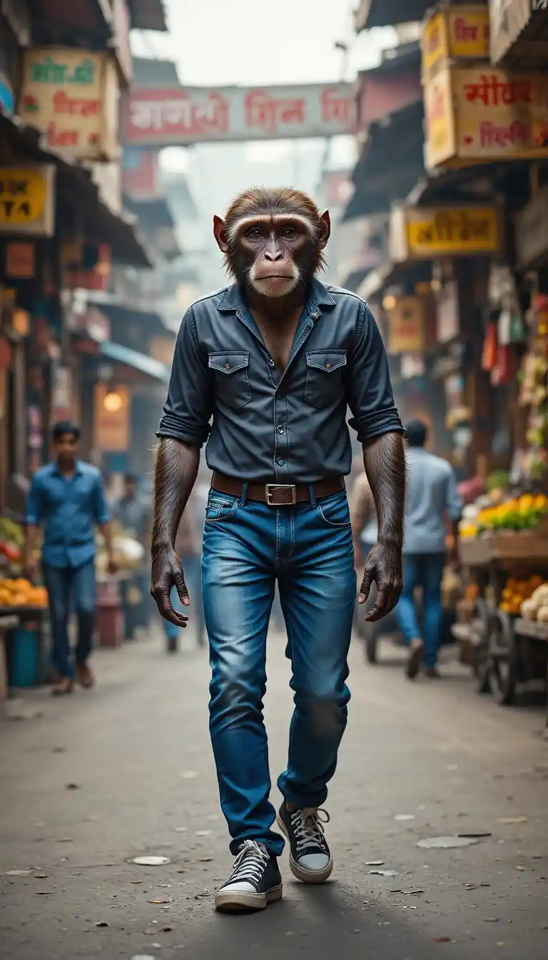 Monkey In Jeans Walking Upright Through Indian Street Market