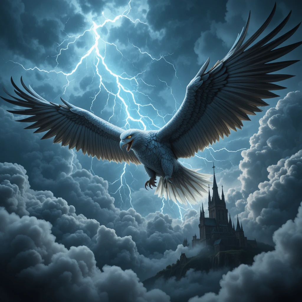 Giant white eagle fleeing a thunderous winged predator