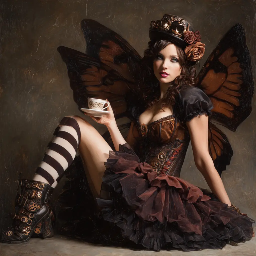 Steampunk fae woman reclining in ornate brass chamber
