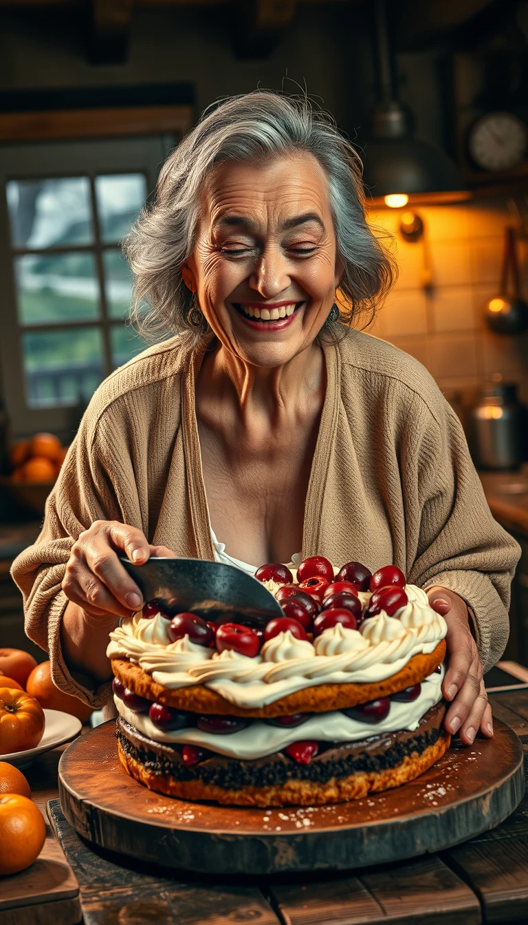 Laughing senior woman cutting cake in warm country kitchen