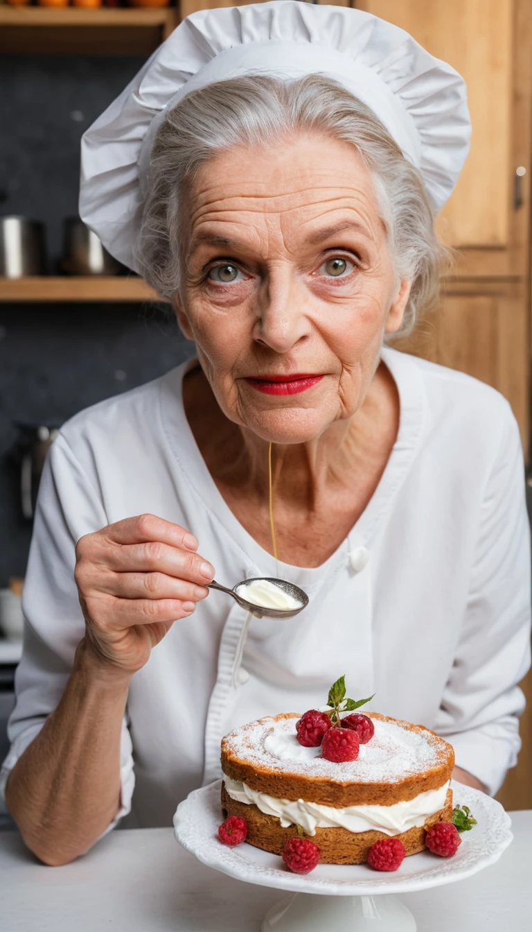 Laughing older woman cutting cake in cozy kitchen