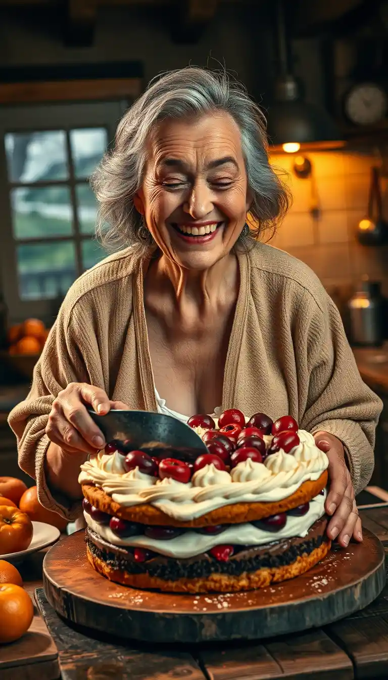 Femme âgée rieuse coupant un gâteau dans une chaleureuse cuisine de campagne