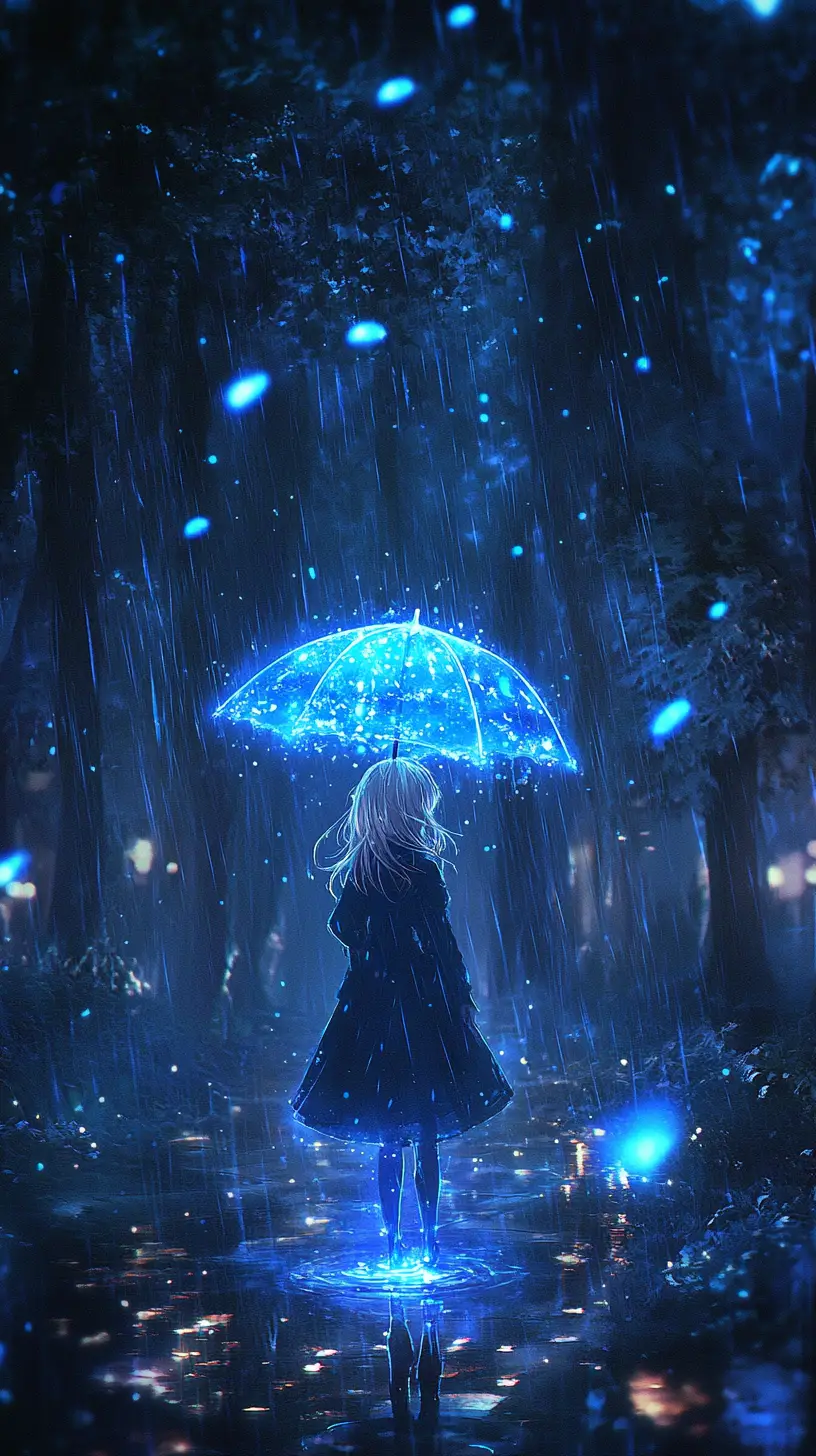Jeune fille avec un parapluie lumineux dans une forêt magique
