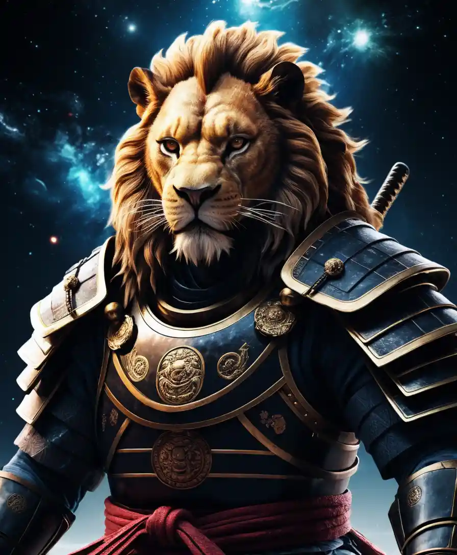 Samurai lion warrior floating in deep cosmic space