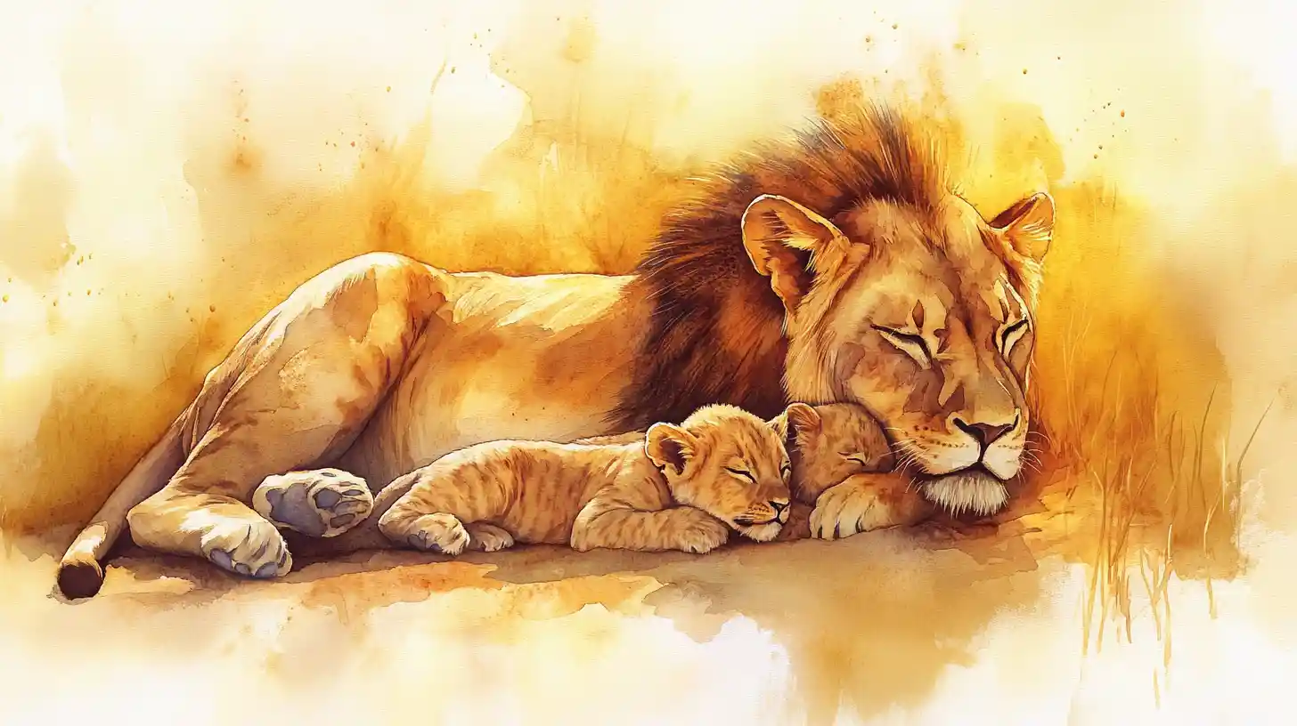 Lioness resting with two cubs in soft golden watercolor