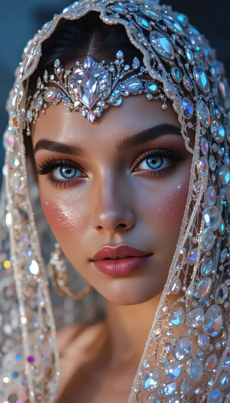 Glamorous woman in diamond veil with shimmering makeup