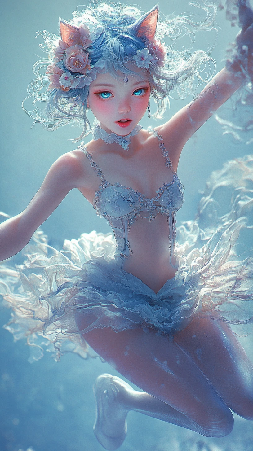 Anime neko girl levitating joyfully in soft ethereal space