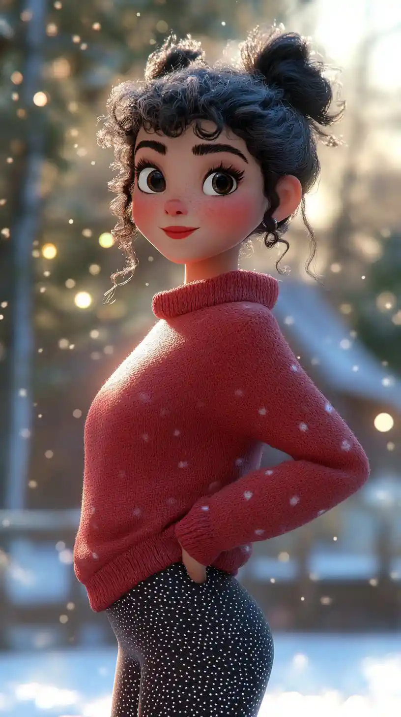 Joyful girl in sporty outfit playing in snowy backyard