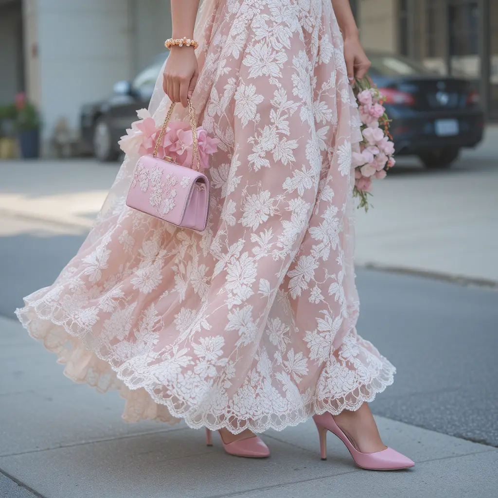 Elegant pink floral lace dress with matching accessories