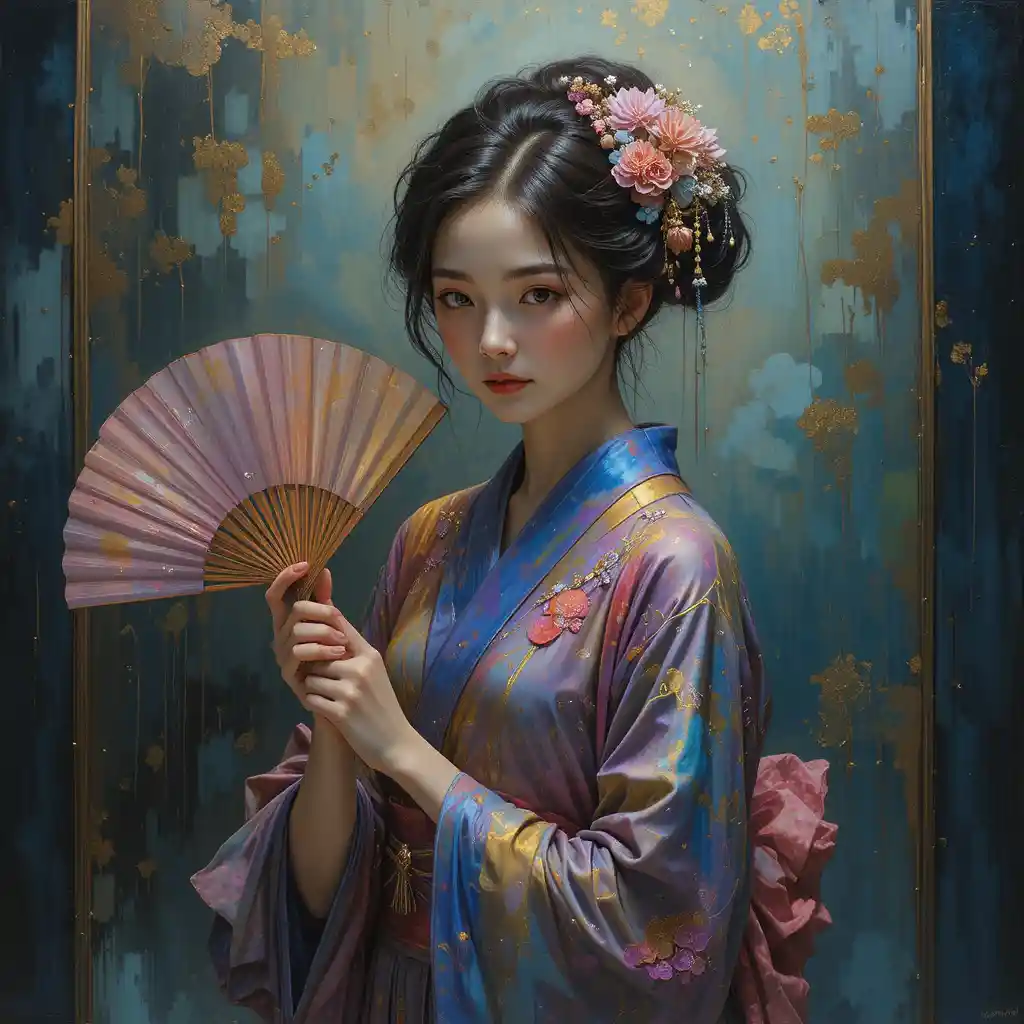 Woman in ornate kimono holding a fan in fantasy art