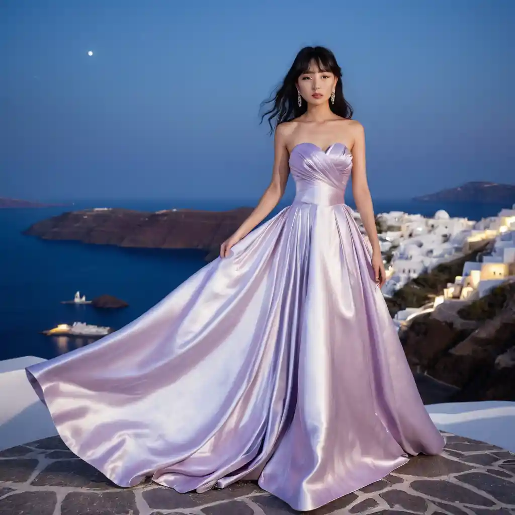 Chica japonesa elegante con vestido de satén morado de noche