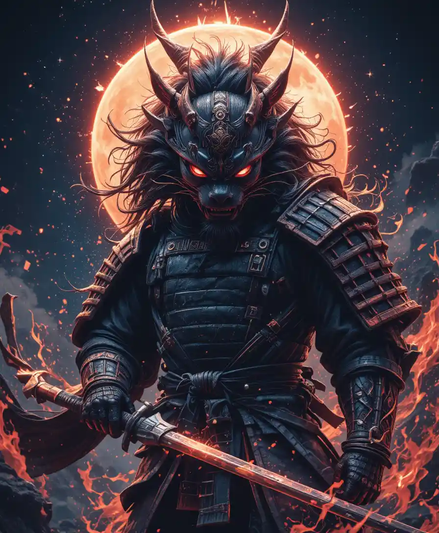 Samurai-Löwenkrieger, schwebend im tiefen kosmischen Raum