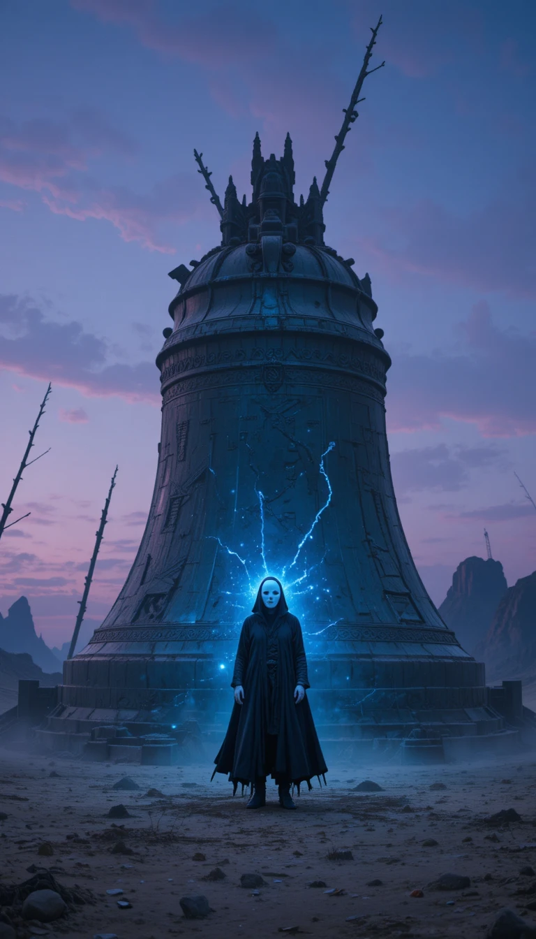 Androgynous masked wanderer before a colossal ancient bell
