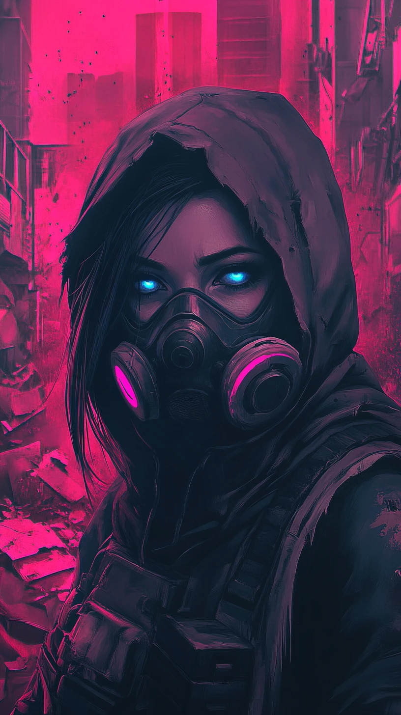Woman in gas mask overlooking ruined cyberpunk city