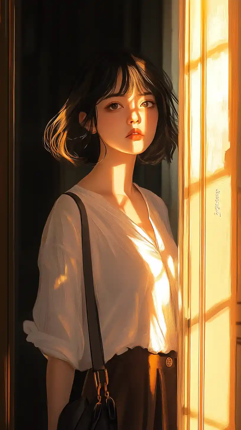 Pensive young woman in golden light standing in a doorway
