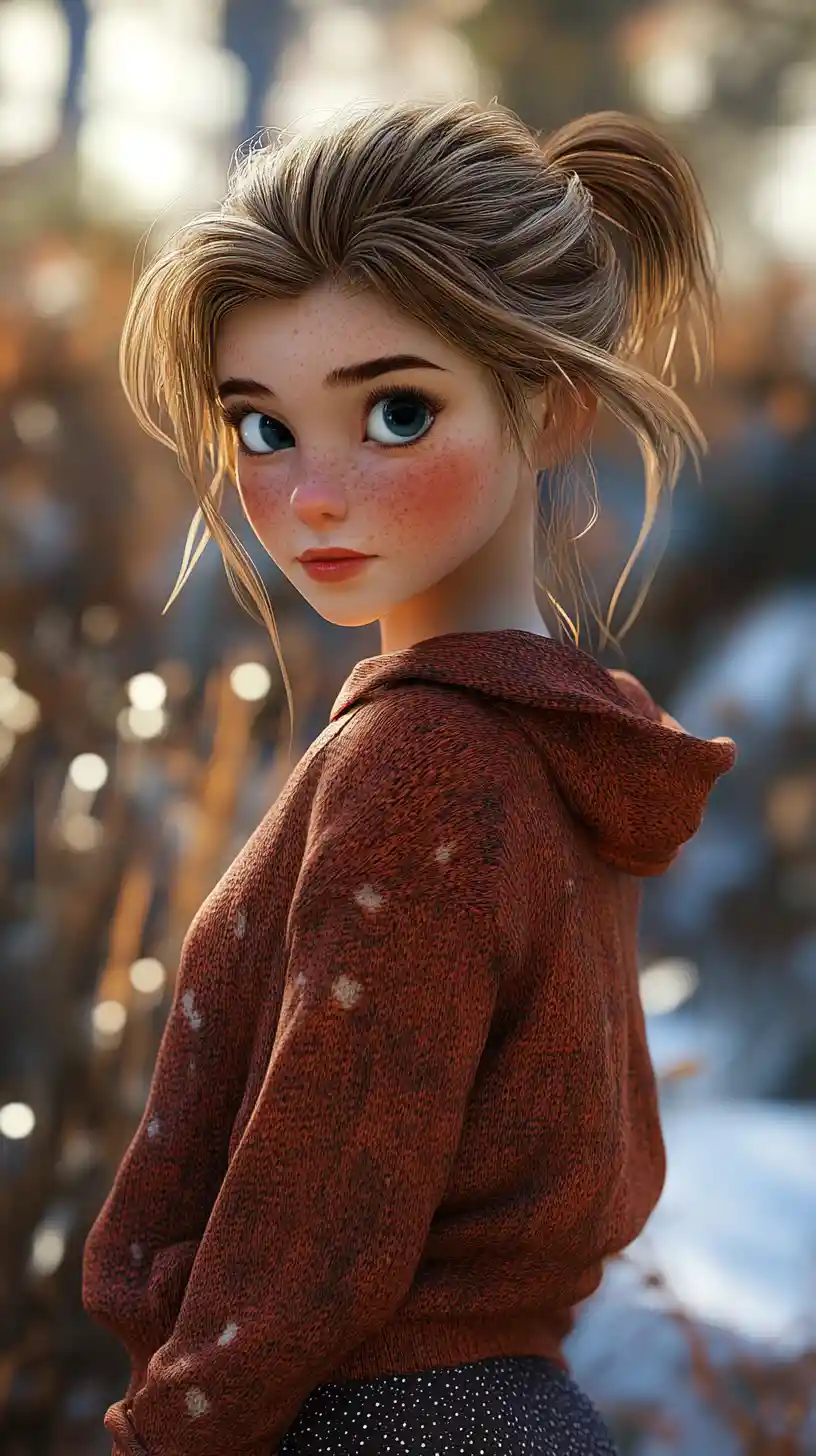 Joyful girl in sporty outfit in a snowy backyard