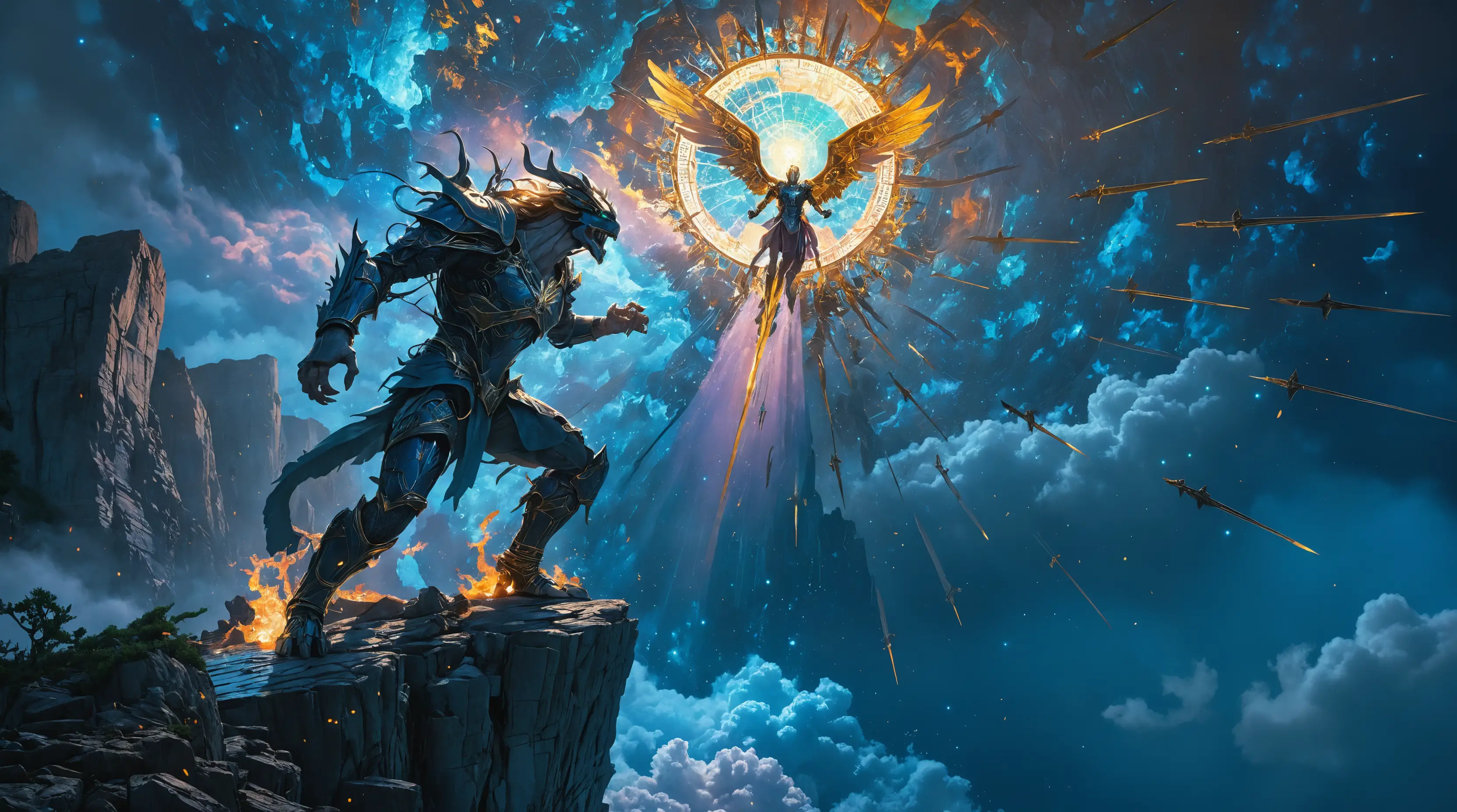 Chained demon raging on a cliff under celestial assault
