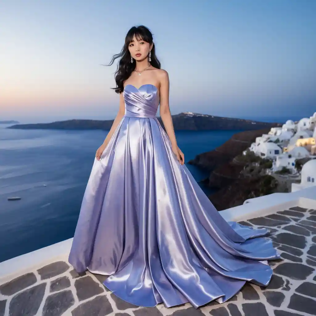 Garota elegante com vestido de cetim lavanda à noite em Santorini