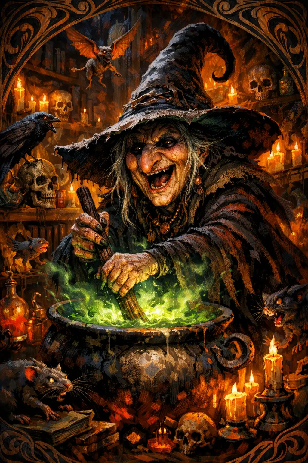 Wicked witch laughing over a boiling magic cauldron