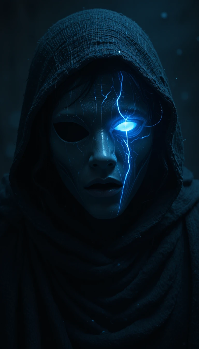 Cracked theater mask glowing blue in the darkness
