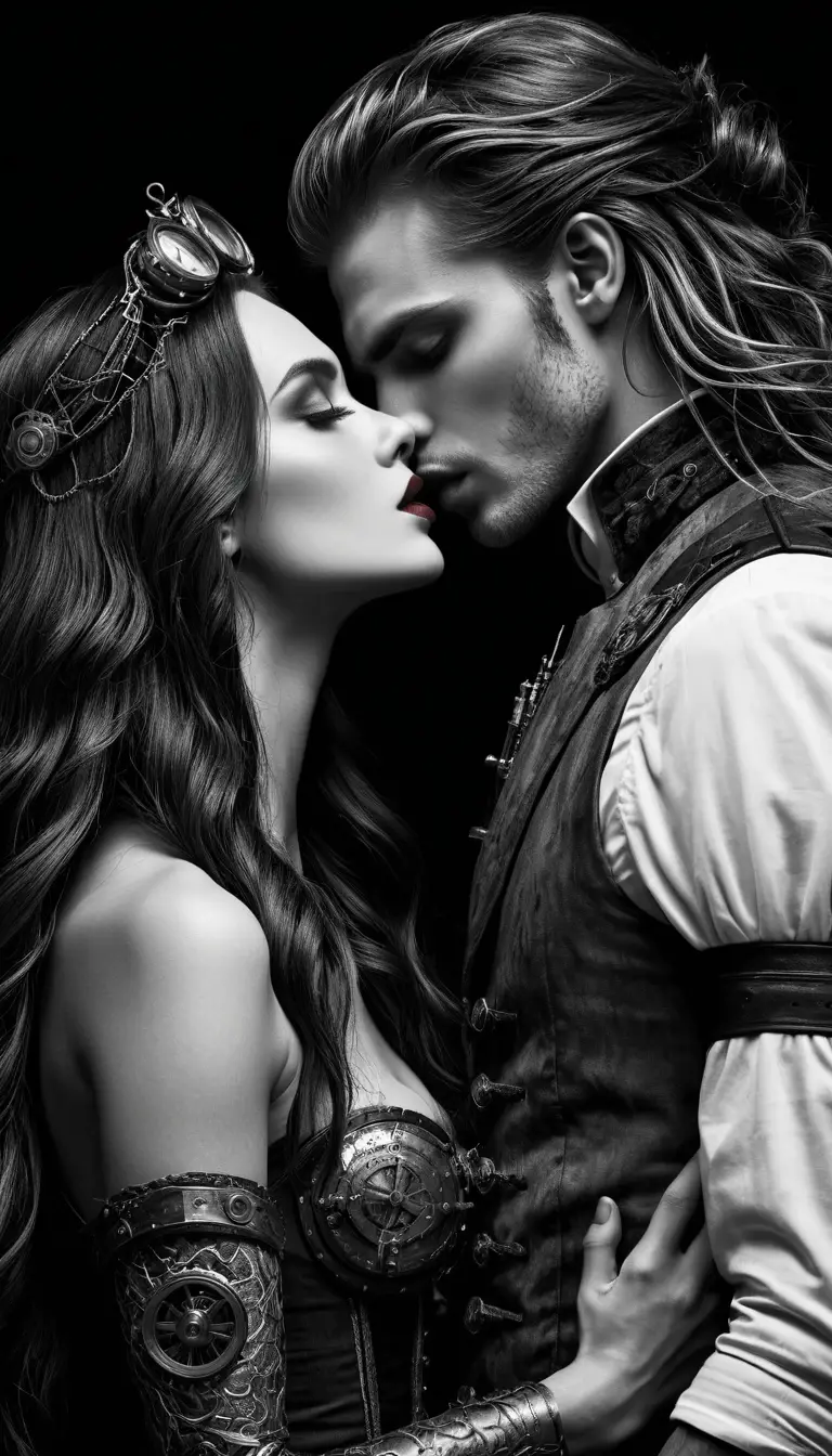 Vampiric man kissing mermaid in dark steampunk embrace