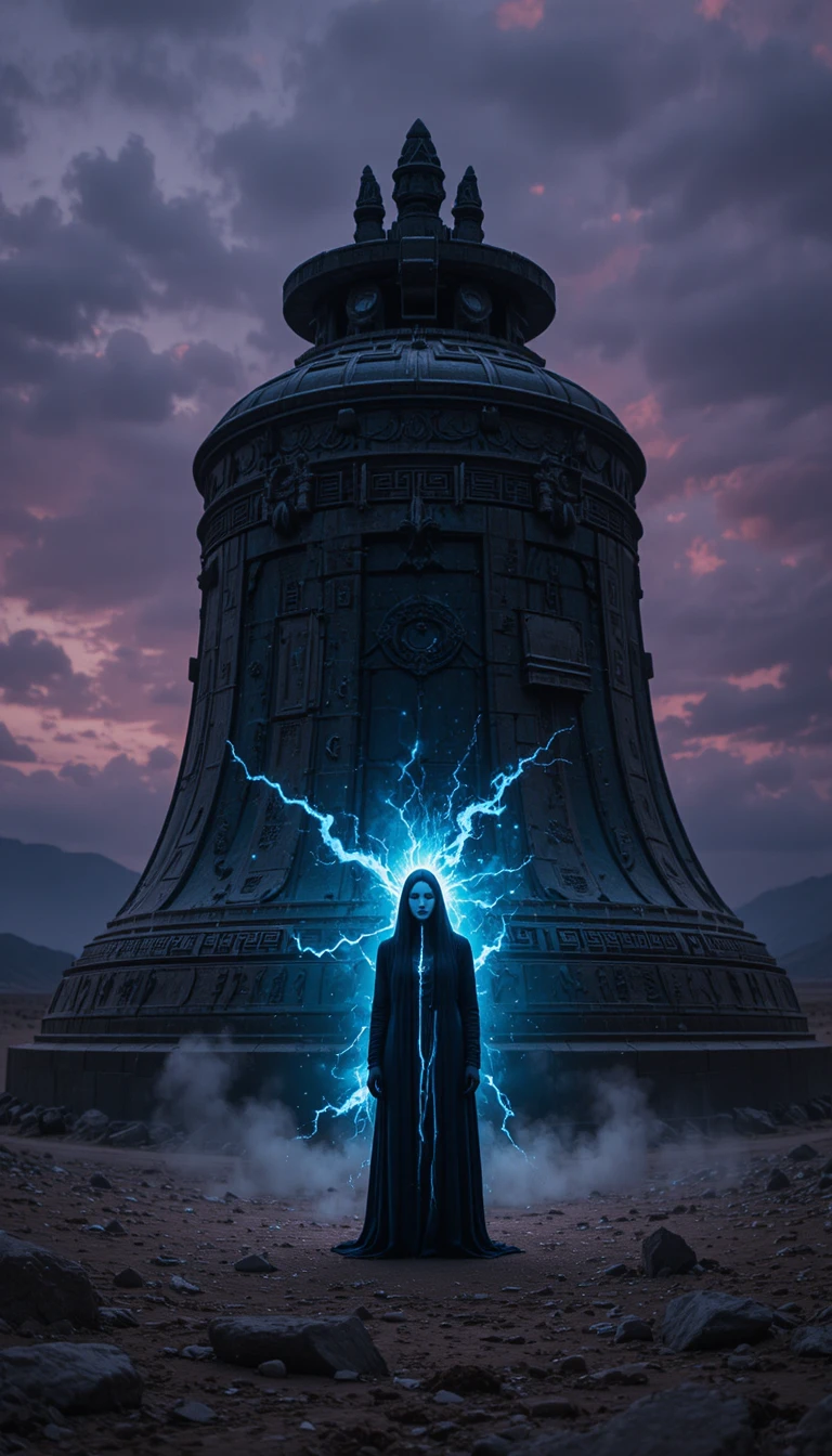Mystical masked wanderer beneath a colossal ancient bell