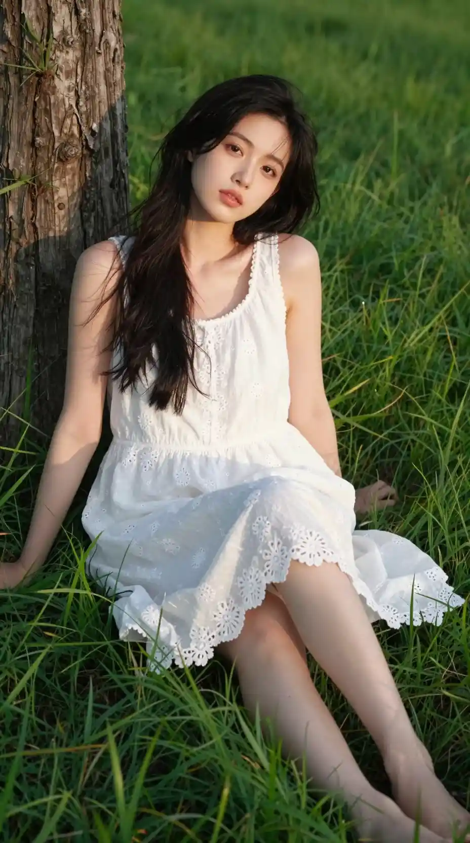 Young woman in white dress sitting on green meadow