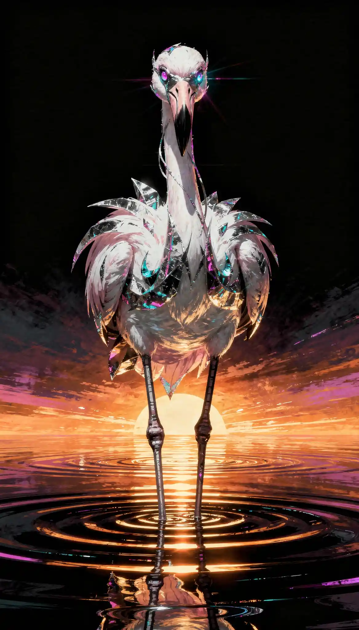 Abstrakter Flamingo mit prismatischen Augen über gespiegeltem Sonnenuntergangswasser