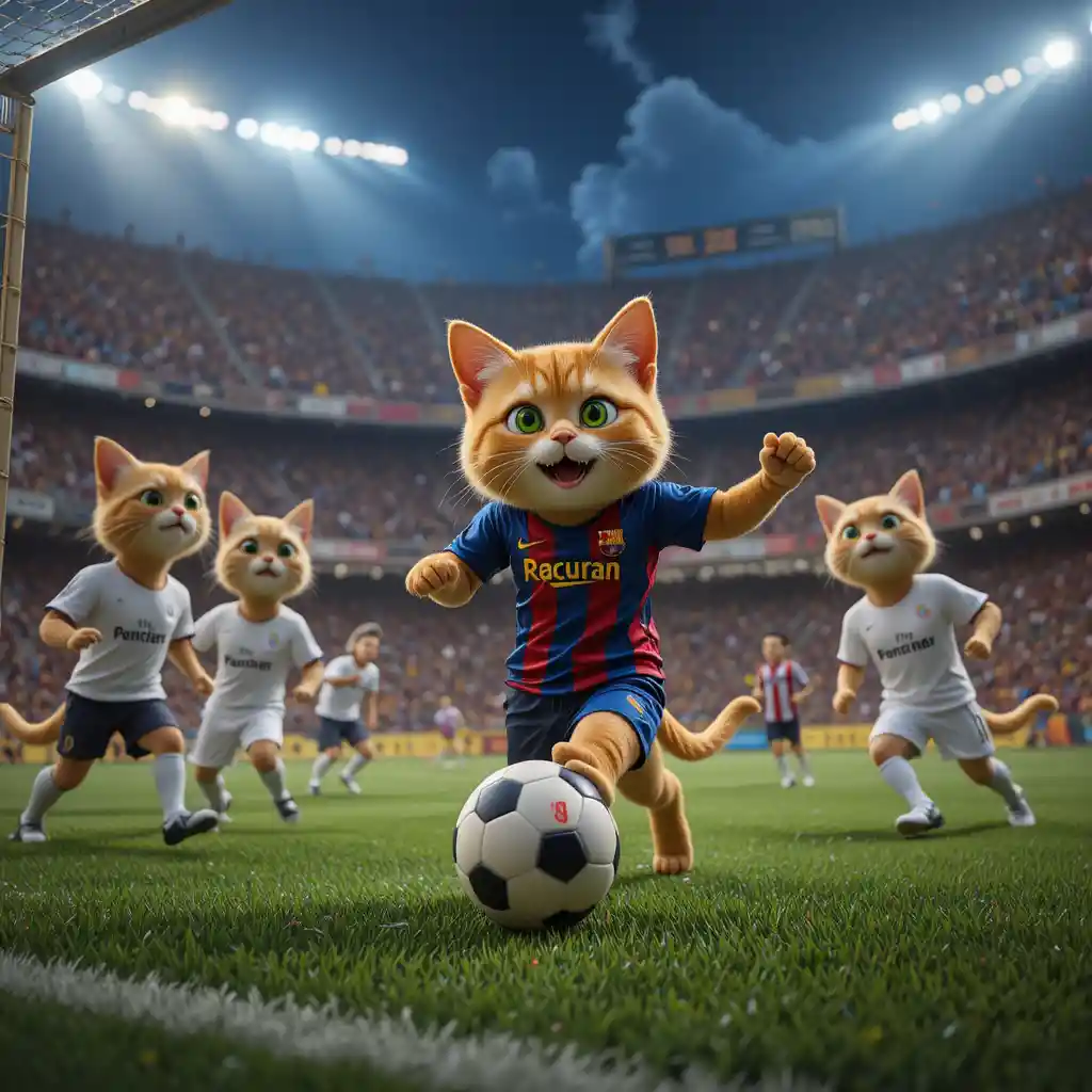 Athletic soccer cat shooting towards goal in crowded stadium