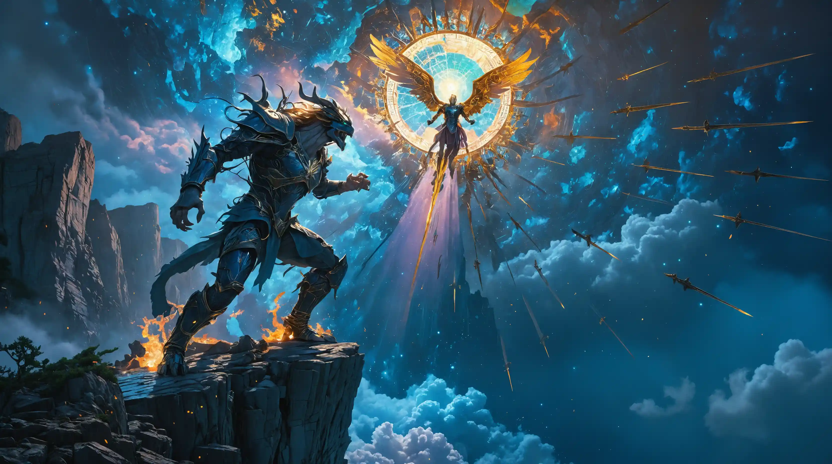 Chained demon raging on a cliff under celestial assault
