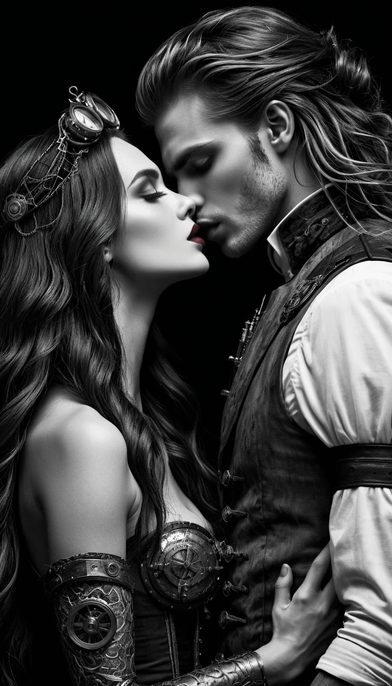 Vampiric man kissing mermaid in dark steampunk embrace