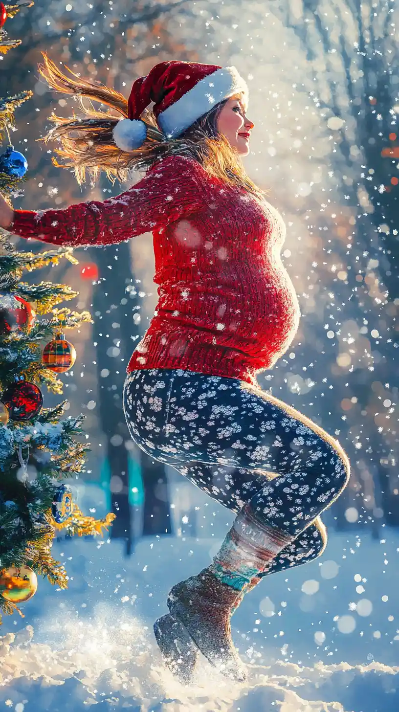 Joyful pregnant woman posing in a snowy backyard scene