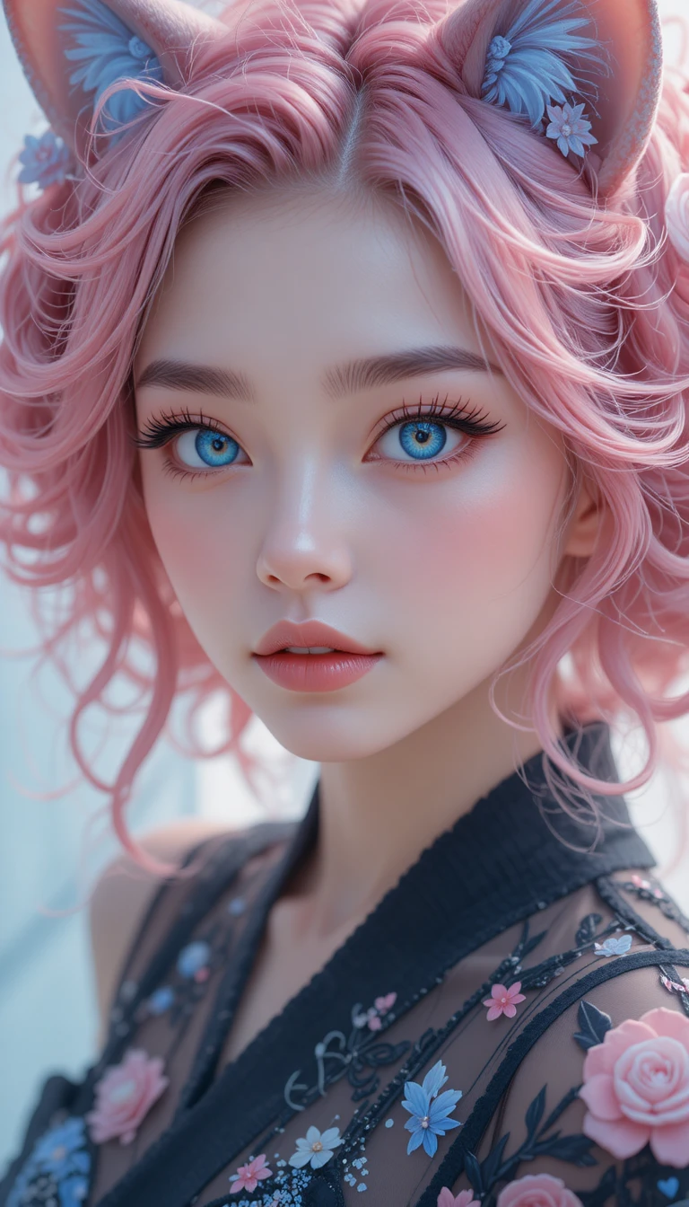 Joyful anime cat girl with bright blue eyes close up