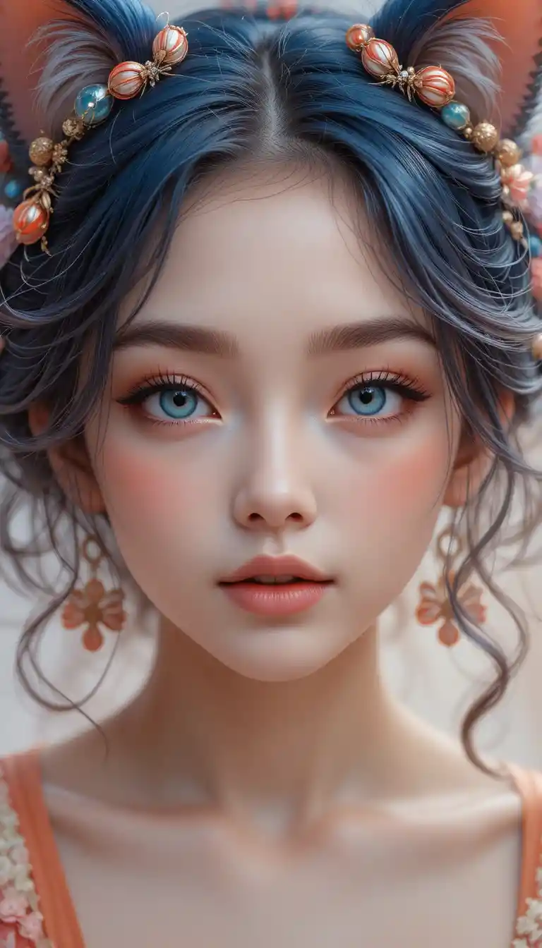 Anime neko girl close up with bright blue eyes