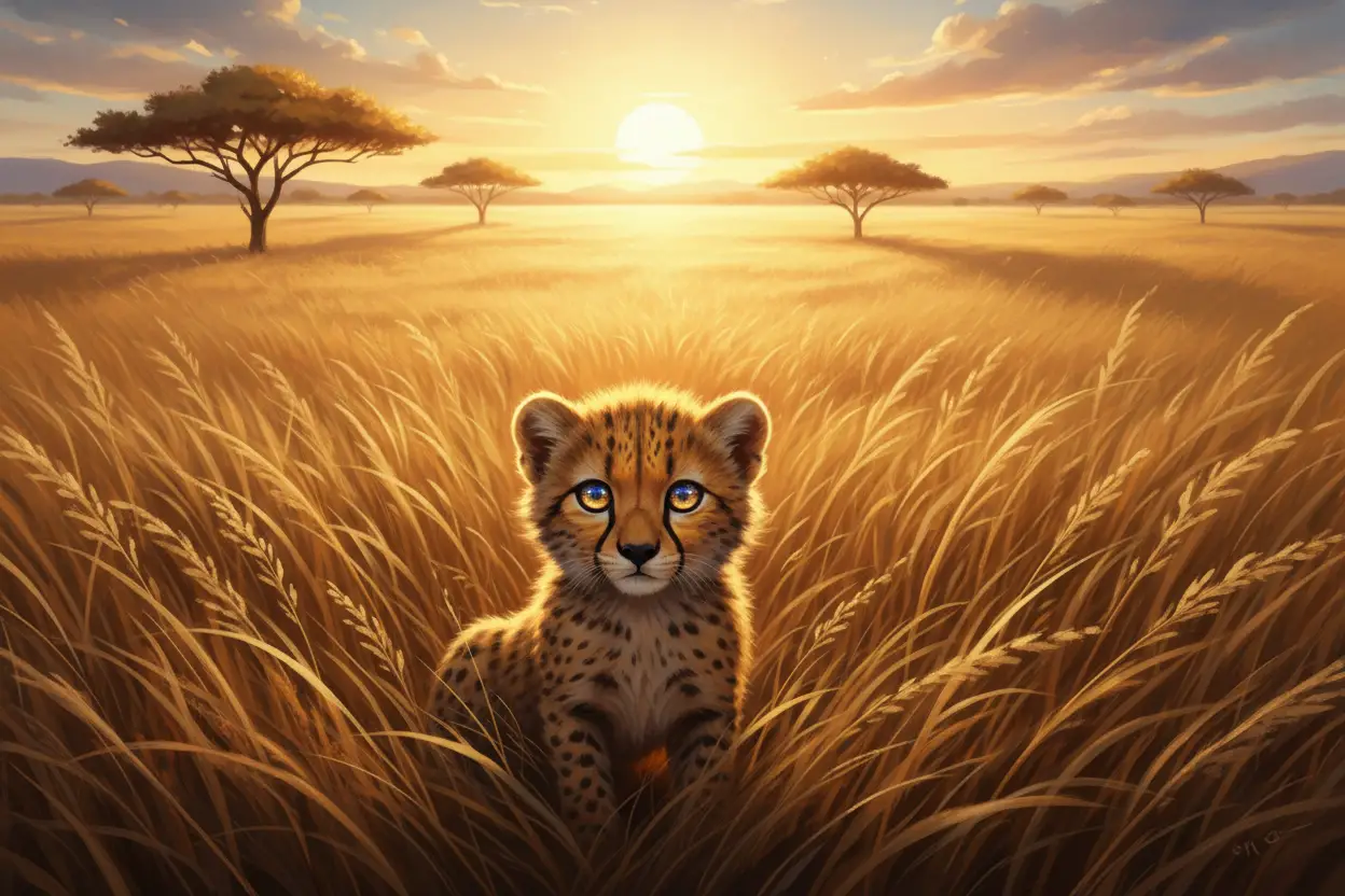 Baby cheetah cub in golden savanna grass at sunset