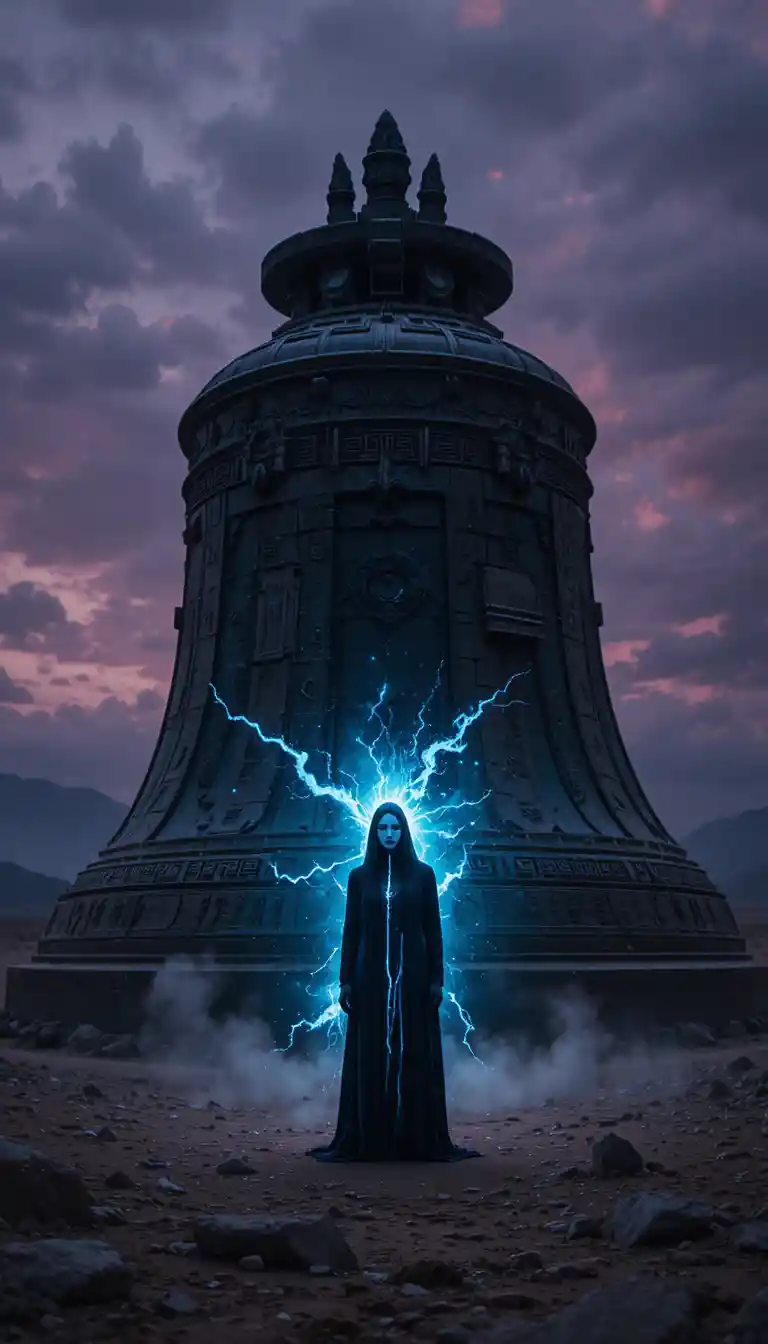 Mystical masked wanderer beneath a colossal ancient bell