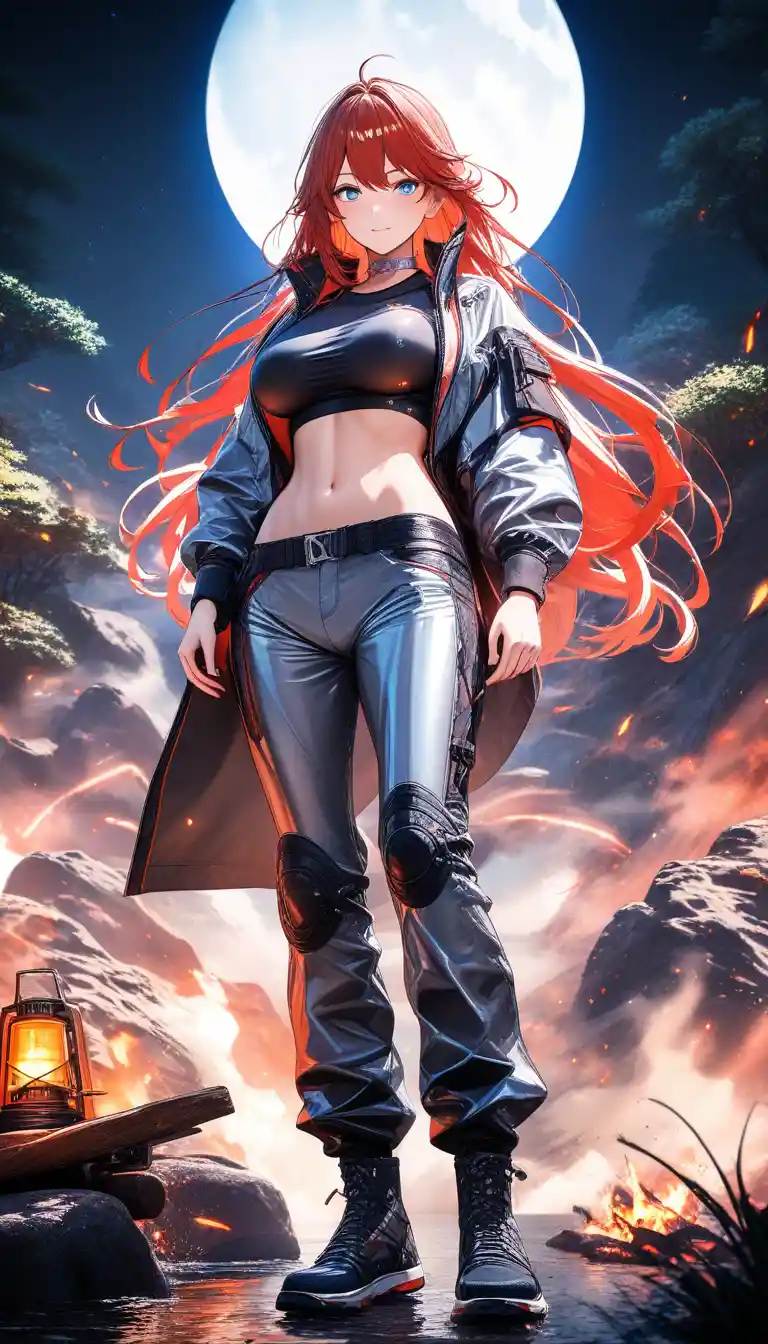 Moonlit huntress goddess by a glowing campfire