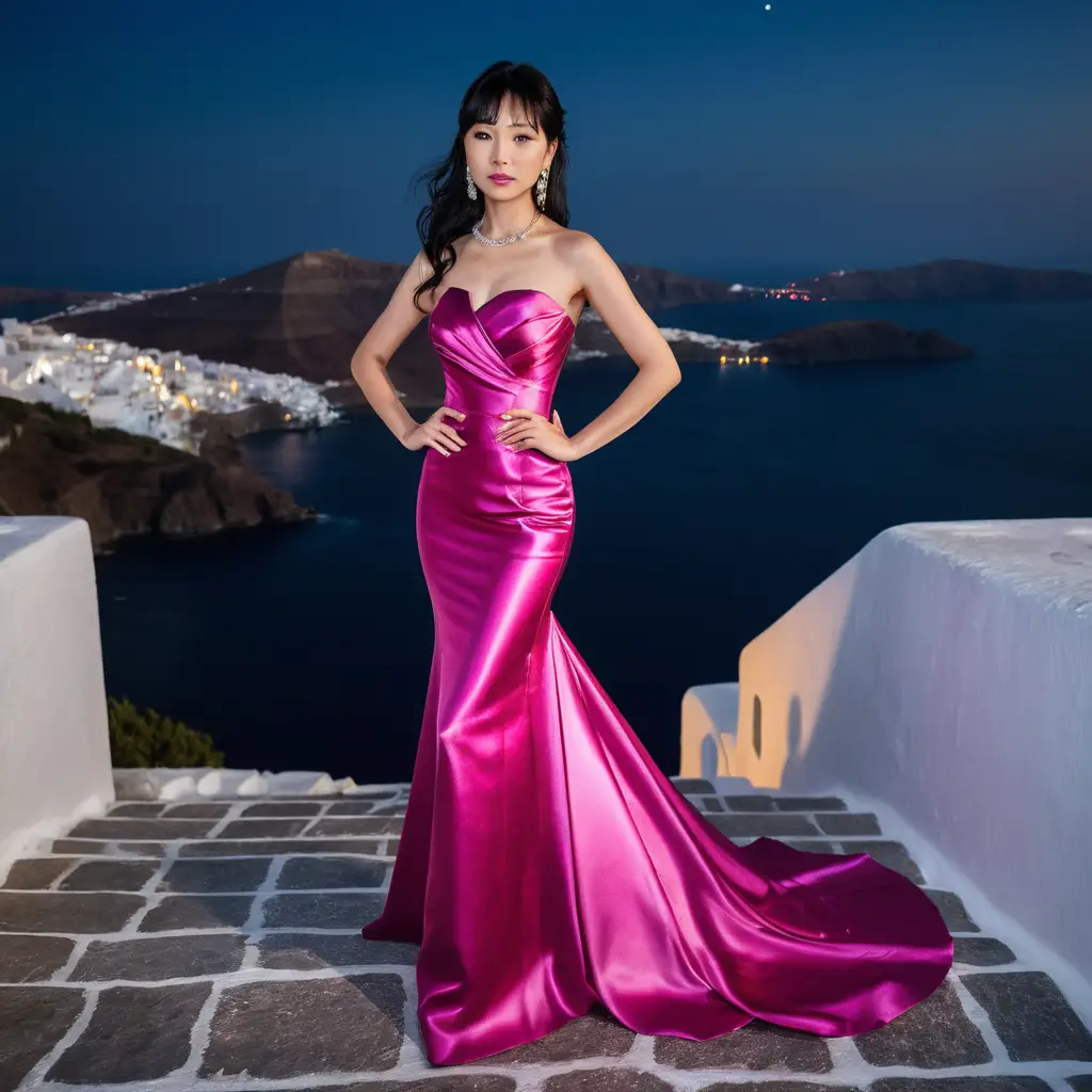 Chica elegante con vestido de satén fucsia de noche en Santorini