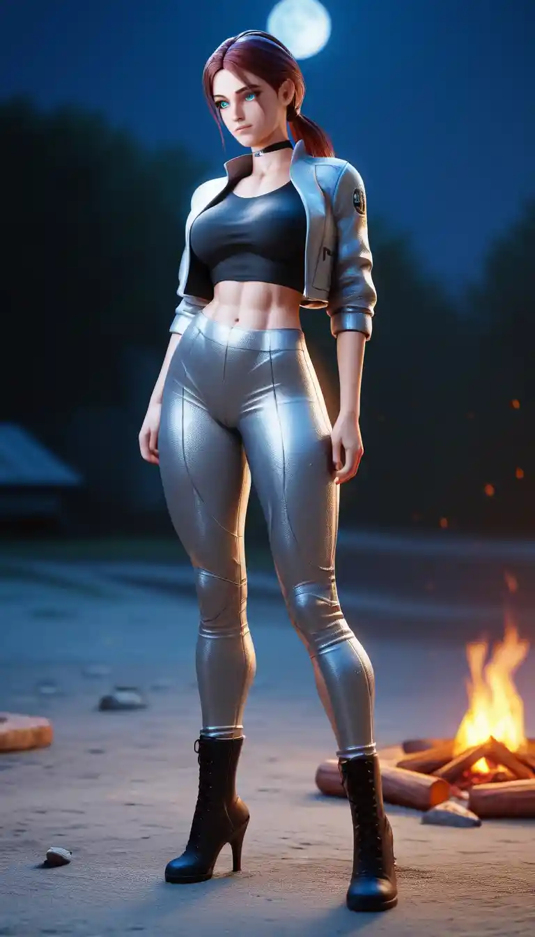 Athletic warrior woman by a moonlit campfire at night