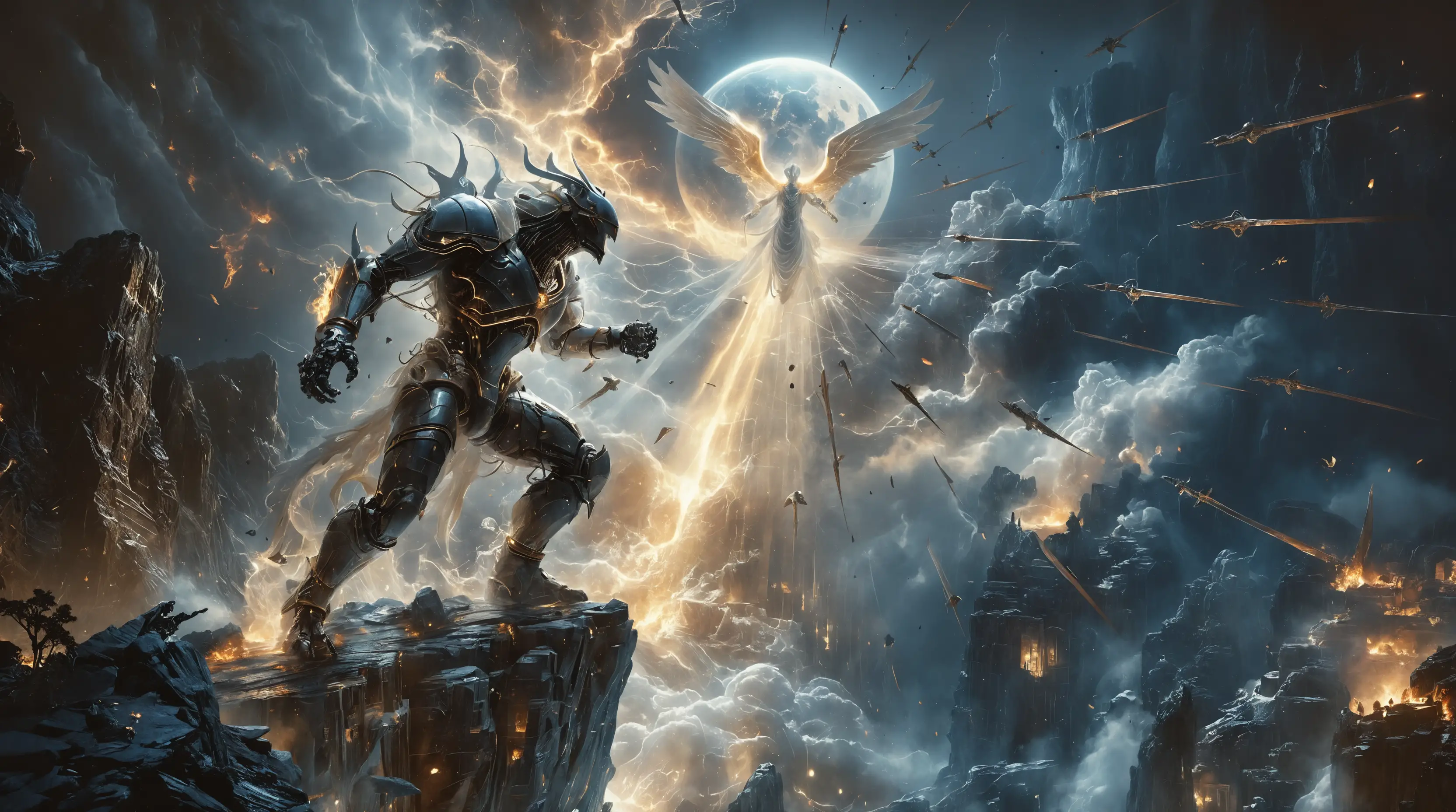 Bound demon raging on a cliff under celestial moonlight